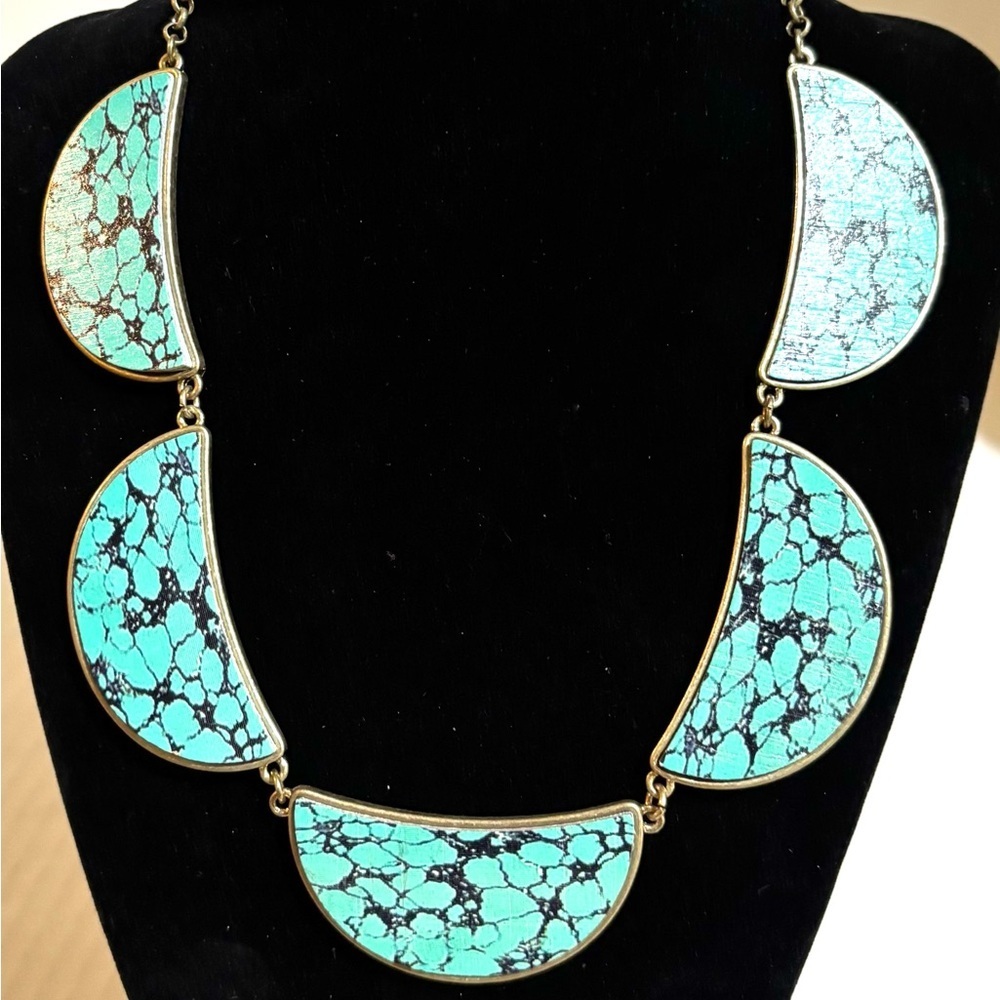 Printed wood Stone Statement Necklace - Turquoise Semi-Circle Design